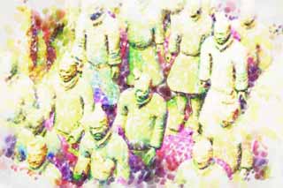 illust, matire, libre, paysage, image, le tableau, crayon de la couleur, colorie, en tirant,Terracotta Warriors dans des fosses no.1, Guerriers de la terre cuite, Gens anciens, Tombe, Hritage Mondial