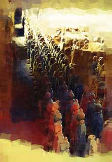 illust, matire, libre, paysage, image, le tableau, crayon de la couleur, colorie, en tirant,Terracotta Warriors dans des fosses no.1, Guerriers de la terre cuite, Gens anciens, Tombe, Hritage Mondial