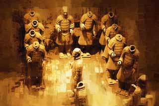 illustration,material,free,landscape,picture,painting,color pencil,crayon,drawing,Terracotta Warriors in Pit No.3, Terra Cotta Warriors, Ancient people, Tomb, World Heritage