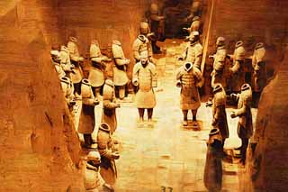 illust, matire, libre, paysage, image, le tableau, crayon de la couleur, colorie, en tirant,Terracotta Warriors dans des fosses n  3, Guerriers de la terre cuite, Gens anciens, Tombe, Hritage Mondial