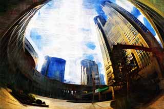 Illust, materieel, vrij, landschap, schilderstuk, schilderstuk, kleuren potlood, crayon, werkje,Tokyo Metropolitan regering, Hoog, Subcenter, Tokio Metropolitan Government, Gebouw