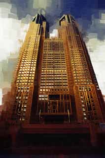 illust, materiell, befreit, Landschaft, Bild, Gemlde, Farbbleistift, Wachsmalstift, Zeichnung,,Tokyo Metropolitan Government, Hochhaus, Subcenter, Tokyo weltstdtische Regierung, Gebude