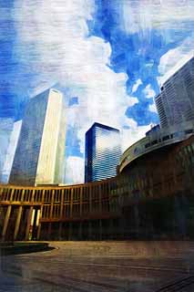 illustration,material,free,landscape,picture,painting,color pencil,crayon,drawing,Tokyo Metropolitan Government, High-rise, Subcenter, Tokyo Metropolitan Government, Building