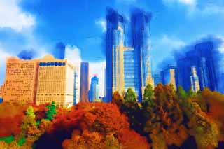 illustration,material,free,landscape,picture,painting,color pencil,crayon,drawing,Tokyo Metropolitan Government, High-rise, Subcenter, Tokyo Metropolitan Government, Building