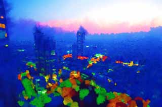 illust, matire, libre, paysage, image, le tableau, crayon de la couleur, colorie, en tirant,Shinjuku de nuit, Tour, Subcenter, Tokyo gouvernement mtropolitain, Construire