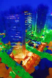 illust, materiell, befreit, Landschaft, Bild, Gemlde, Farbbleistift, Wachsmalstift, Zeichnung,,Shinjuku bei Nacht, Hochhaus, Subcenter, Tokyo weltstdtische Regierung, Gebude