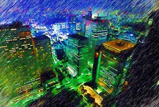 illustration,material,free,landscape,picture,painting,color pencil,crayon,drawing,Shinjuku at night, High-rise, Subcenter, Tokyo Metropolitan Government, Building