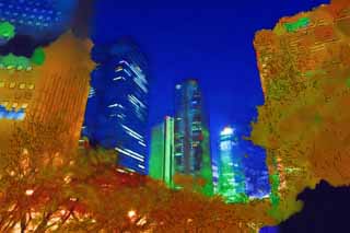 Illust, materieel, vrij, landschap, schilderstuk, schilderstuk, kleuren potlood, crayon, werkje,Shinjuku bij nacht, Hoog, Subcenter, Tokio Metropolitan Government, Gebouw
