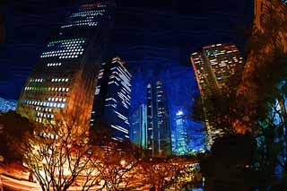 illust, materiell, befreit, Landschaft, Bild, Gemlde, Farbbleistift, Wachsmalstift, Zeichnung,,Shinjuku bei Nacht, Hochhaus, Subcenter, Tokyo weltstdtische Regierung, Gebude