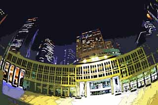 illust, materiell, befreit, Landschaft, Bild, Gemlde, Farbbleistift, Wachsmalstift, Zeichnung,,Shinjuku bei Nacht, Hochhaus, Subcenter, Tokyo weltstdtische Regierung, Gebude