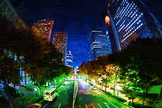 illust, materiell, befreit, Landschaft, Bild, Gemlde, Farbbleistift, Wachsmalstift, Zeichnung,,Shinjuku bei Nacht, Hochhaus, Subcenter, Nachtszene, Gebude