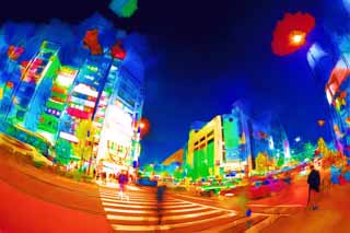 illust, materiell, befreit, Landschaft, Bild, Gemlde, Farbbleistift, Wachsmalstift, Zeichnung,,Shinjuku bei Nacht, ZEBRASTREIFEN, Signal, Zeichen, Neon