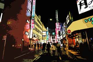 illust, material, livram, paisagem, quadro, pintura, lpis de cor, creiom, puxando,Shinjuku  noite, Starbucks, Ruela, Sinal, Non