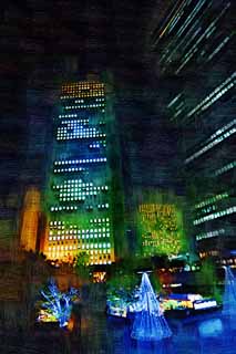 illust, materiell, befreit, Landschaft, Bild, Gemlde, Farbbleistift, Wachsmalstift, Zeichnung,,Shinjuku bei Nacht, Hochhaus, Subcenter, Festliche Beleuchtung, Gebude