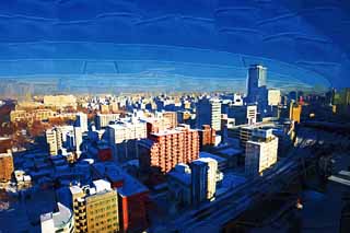 illust, materiell, befreit, Landschaft, Bild, Gemlde, Farbbleistift, Wachsmalstift, Zeichnung,,Sapporo Morgen, Sapporo, Schiene, Morgen, Gebude