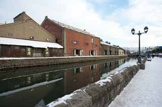 fotografia, materiale, libero il panorama, dipinga, fotografia di scorta,Otaru Canal, Canale, Negozio all'ingrosso, Lampada stradale, Coperta di neve