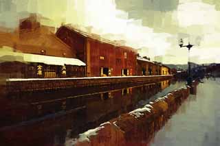 illustration,material,free,landscape,picture,painting,color pencil,crayon,drawing,Otaru canal, Canal, Warehouse, Street lamp, Snow cover