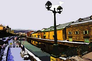 illustration,material,free,landscape,picture,painting,color pencil,crayon,drawing,Otaru canal, Canal, Warehouse, Street lamp, Snow cover