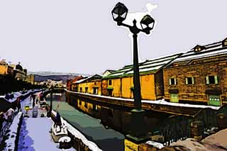 illust, material, livram, paisagem, quadro, pintura, lpis de cor, creiom, puxando,Otaru canal, Canal, Armazm, Abajur de rua, Cobertura de neve