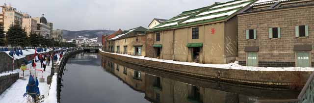 Foto, materiell, befreit, Landschaft, Bild, hat Foto auf Lager,Otaru Canal, Kanal, Lagerhaus, Straenlampe, Schneedecke