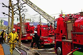 illust, matire, libre, paysage, image, le tableau, crayon de la couleur, colorie, en tirant,Mobilisation d'urgence, Feu, Voiture des pompiers, Secourez des oprations, COMBAT DU FEU