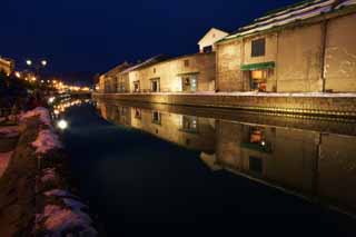 Foto, materiell, befreit, Landschaft, Bild, hat Foto auf Lager,Otaru Canal, Kanal, Lagerhaus, Straenlampe, Schneedecke