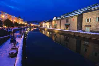 Foto, materieel, vrij, landschap, schilderstuk, bevoorraden foto,Otaru Canal, Kanaal, Magazijn, Straatlantaarn, Sneeuw dek