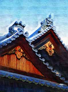 illust, materiell, befreit, Landschaft, Bild, Gemlde, Farbbleistift, Wachsmalstift, Zeichnung,,Goldener Pavillon-Tempel Hojo Dach, Welterbe, Goldener Pavillon, Ashikaga Yoshimitsu, Kyoto