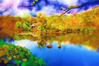 illust, matire, libre, paysage, image, le tableau, crayon de la couleur, colorie, en tirant,Problme miroir tang, Hritage Mondial, Surface d'eau, Le Village de noble, Muromachi Shogunate