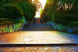 illust, materiell, befreit, Landschaft, Bild, Gemlde, Farbbleistift, Wachsmalstift, Zeichnung,,Chionin Institut Steintreppen, Buddhismus, Kopfstein, Treppe, Zentempel