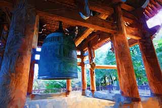 illust, materiell, befreit, Landschaft, Bild, Gemlde, Farbbleistift, Wachsmalstift, Zeichnung,,Chionin Institut groen Glockenturm, Buddhismus, HOUNEN, Das Hngen von Glocke, Zentempel