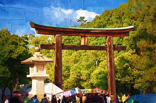 illustration,material,free,landscape,picture,painting,color pencil,crayon,drawing,Approach torii in Kashihara Shrine, Shinto, , Chronicles of Japan, Kojiki