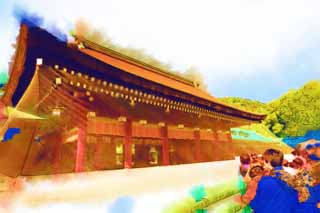 Illust, materieel, vrij, landschap, schilderstuk, schilderstuk, kleuren potlood, crayon, werkje,De zaal voor de eredienst in Kashihara Shrine, Shinto, , Kronieken van Japanneren, Kojiki
