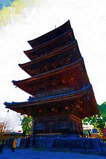 illustration,material,free,landscape,picture,painting,color pencil,crayon,drawing,To-ji Temple five-story pagoda, Buddhism, Tower, World Heritage, Quintuple tower