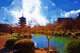 illust, material, livram, paisagem, quadro, pintura, lpis de cor, creiom, puxando,To-ji, Budismo, Torre, Herana mundial, Torre quntupla