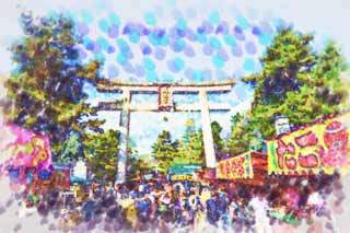 illust, materiell, befreit, Landschaft, Bild, Gemlde, Farbbleistift, Wachsmalstift, Zeichnung,,Kitano Tenman-gu Schrein der Ansatz Torii, Torii, Mr. TENJIN, Kitano, Pflaumen