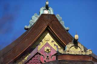 photo,material,free,landscape,picture,stock photo,Creative Commons,The shrine main hall, Roof, Decoration, Kitano, Plums