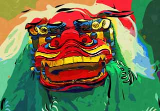 illustration,material,free,landscape,picture,painting,color pencil,crayon,drawing,Lion dance, New Year, SHISHIMAI, Traditional culture, Dance