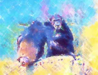 illustration,material,free,landscape,picture,painting,color pencil,crayon,drawing,Chimpanzee, Chindonya-PANJI, Monkeys, Monkey, Great ape