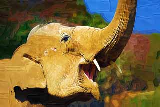 illust, materiell, befreit, Landschaft, Bild, Gemlde, Farbbleistift, Wachsmalstift, Zeichnung,,Asiatische Elefanten, Der Elefant, Elefant, , Lange Nase