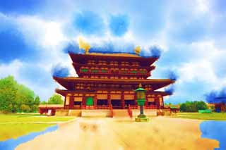 illustration,material,free,landscape,picture,painting,color pencil,crayon,drawing,Yakushi-ji Temple inner temple, I am painted in red, The Buddha of Healing, Buddhist monastery, Chaitya