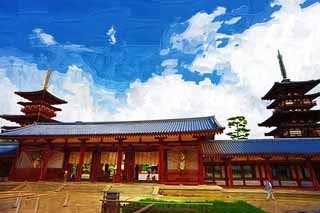 illust, material, livram, paisagem, quadro, pintura, lpis de cor, creiom, puxando,Yakushi-ji Templo porto construiu entre o porto principal e a casa principal da arquitetura palcio-nomeada no perodo de Fujiwara, Eu sou pintado em vermelho, O Buda de curar, Monastrio budista, Chaitya