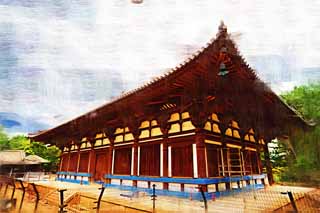 illust, material, livram, paisagem, quadro, pintura, lpis de cor, creiom, puxando,Templo de Toshodai-ji templo interno, telhado de quadril, , Monastrio budista, Chaitya
