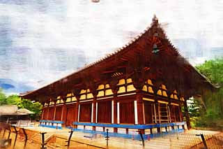 illust, materiell, befreit, Landschaft, Bild, Gemlde, Farbbleistift, Wachsmalstift, Zeichnung,,Toshodai-ji Temple innerer Tempel, hipes Dach, , Buddhistisches Mnchskloster, Chaitya