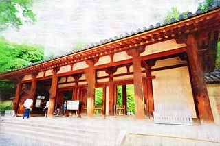 illustration,material,free,landscape,picture,painting,color pencil,crayon,drawing,The Toshodai-ji Temple south gate, I am painted in red, wooden building, Buddhist monastery, Chaitya