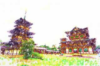 illust, materiell, befreit, Landschaft, Bild, Gemlde, Farbbleistift, Wachsmalstift, Zeichnung,,Yakushi-ji-Tempel, Ich werde in roten gemalt, Der Buddha vom Verheilen, Buddhistisches Mnchskloster, Chaitya