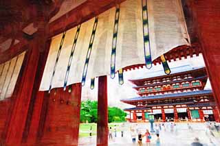 Illust, materieel, vrij, landschap, schilderstuk, schilderstuk, kleuren potlood, crayon, werkje,Yakushi-ji Tempel, Ik word in rood geschilderd, De Boeddha van De heling, Boeddhist mannenklooster, Chaitya