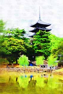 illust, materiale, libero panorama, ritratto dipinto, matita di colore disegna a pastello, disegnando,Un stagno di Sarusawa, salice, stagno, Nara-koen parcheggia, attrazione turistica