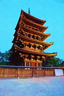 illust, materiell, befreit, Landschaft, Bild, Gemlde, Farbbleistift, Wachsmalstift, Zeichnung,,Kofuku-ji-Tempel fnf Storeyed-Pagode, Buddhismus, hlzernes Gebude, Fnf Storeyed-Pagode, Welterbe