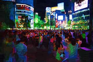 illust, matire, libre, paysage, image, le tableau, crayon de la couleur, colorie, en tirant,La nuit de Poste Shibuya, En ville, marcheur, Illumination, foule